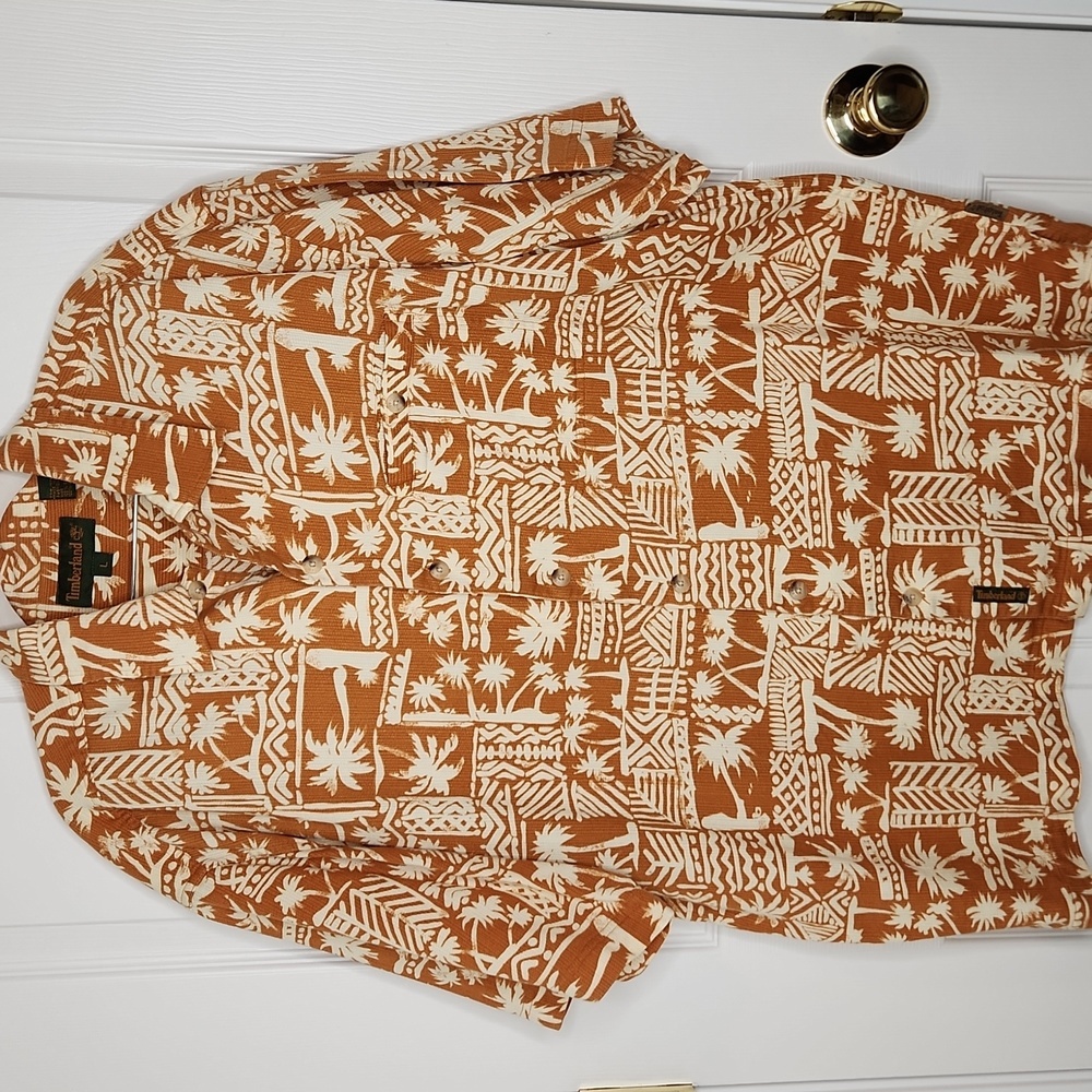Timberland Hawaiian print button up shirt light orange brown large - Picture 1 of 9